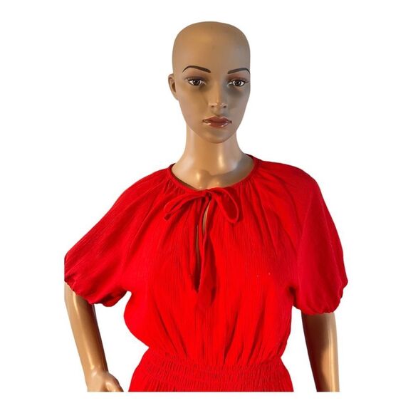 H &M Women Size XS Red Dress Tie Neck Bohemian Short Sleeve Stretch Waist - Picture 4 of 16